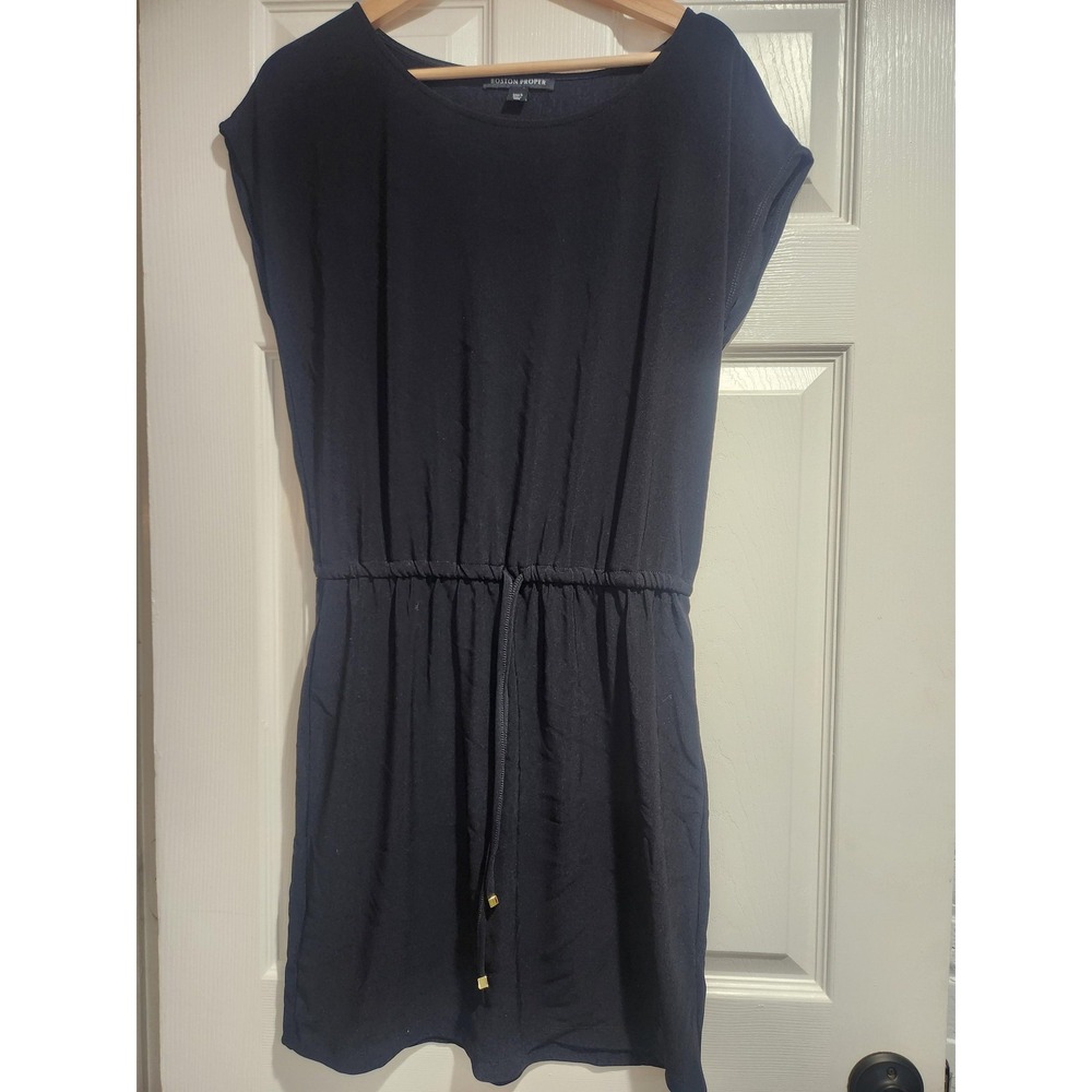 Boston Proper Dress Womens Small Black Blouson Drawstring Waist Short Cap Sleeve